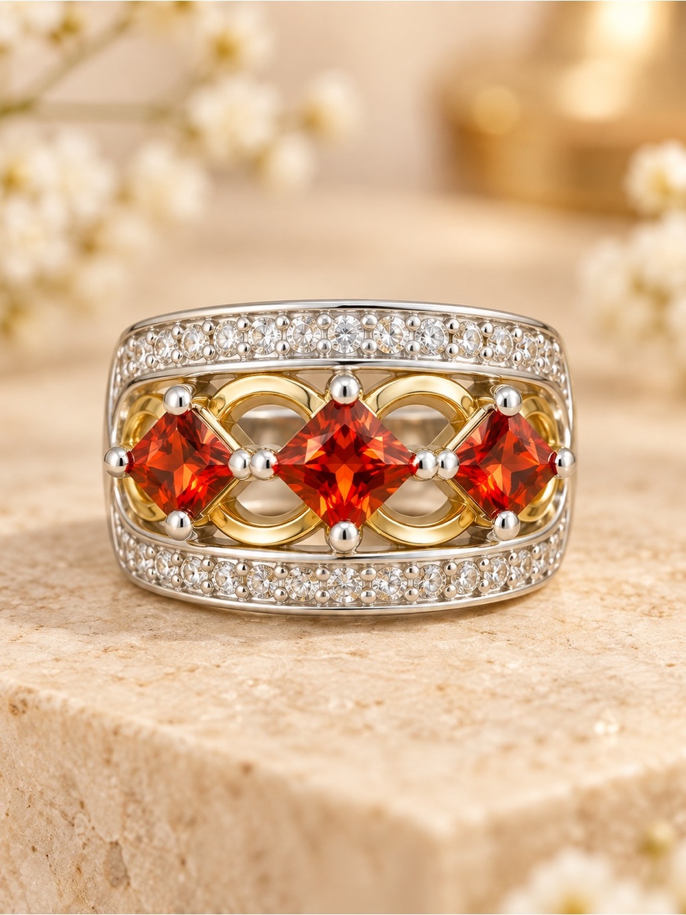 Vintage 925 Sterling Silver Red Garnet-Color CZ Statement Ring